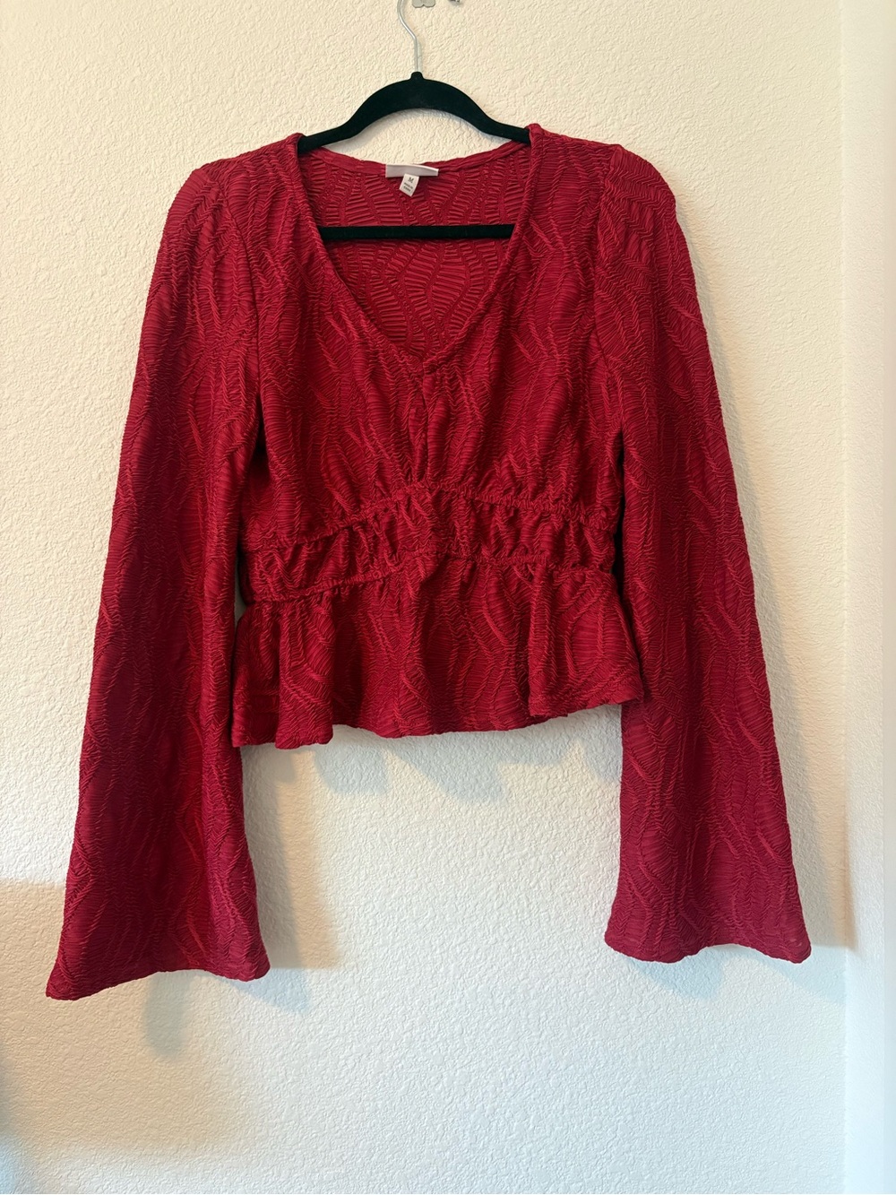 Textured Crimson V-Neck Peplum Blouse